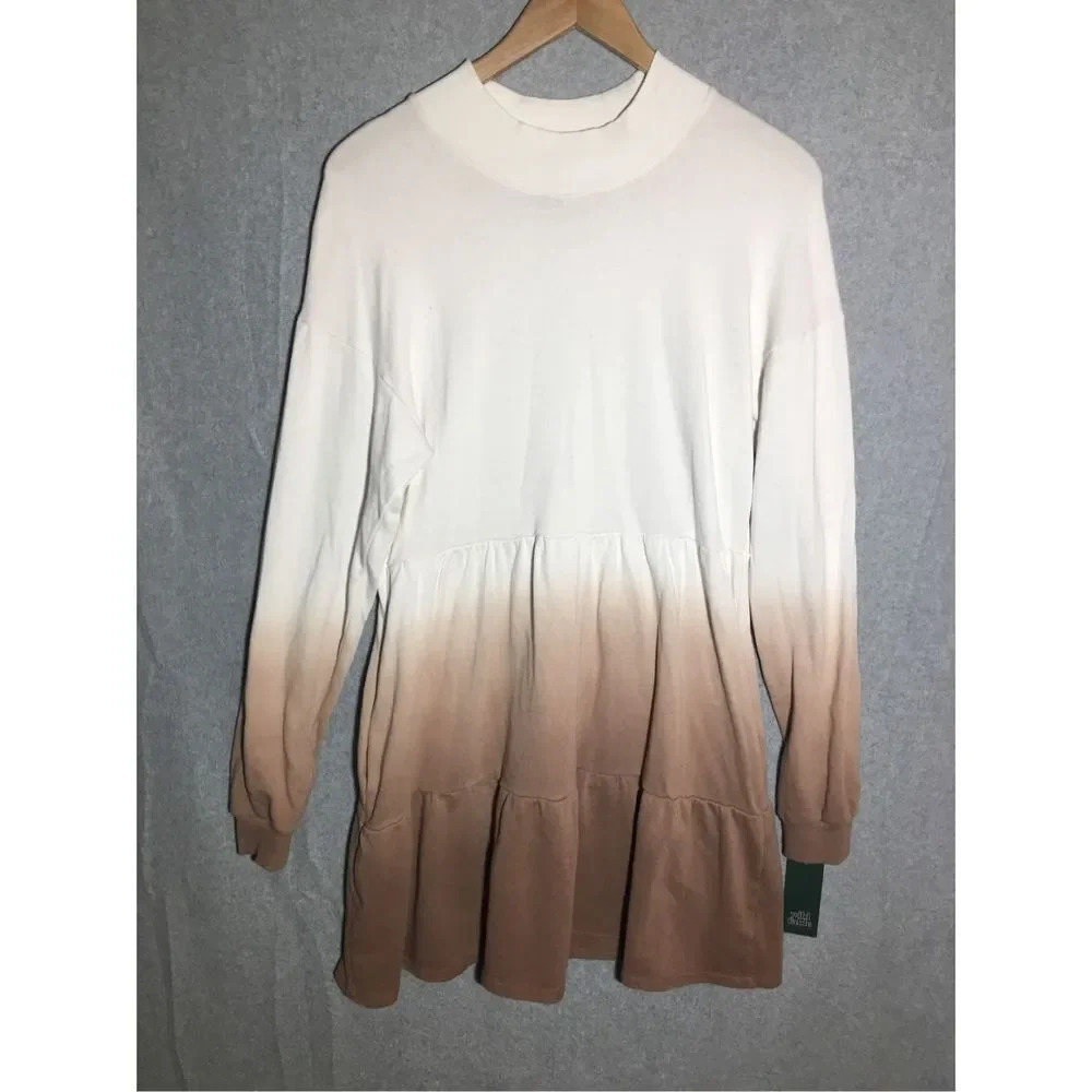 Womens NWT Wild Fable Dress Mock Neck Long Sleeve Tan White Ombré Neutral